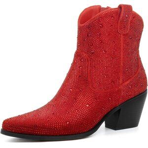Missmiller Women Red Rhinestone Mid Calf Cowgirl Block Heel Pointed Toe Boots